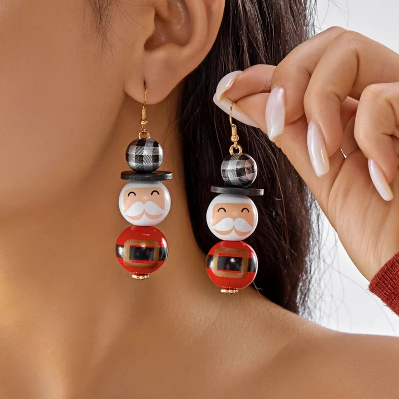 Handmade Wooden Santa Snowman Christmas Dangle Earrings 0