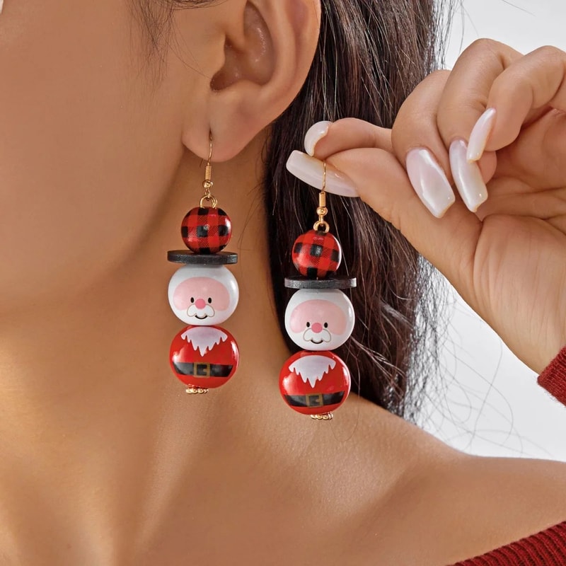 Handmade Wooden Santa Snowman Christmas Dangle Earrings 10