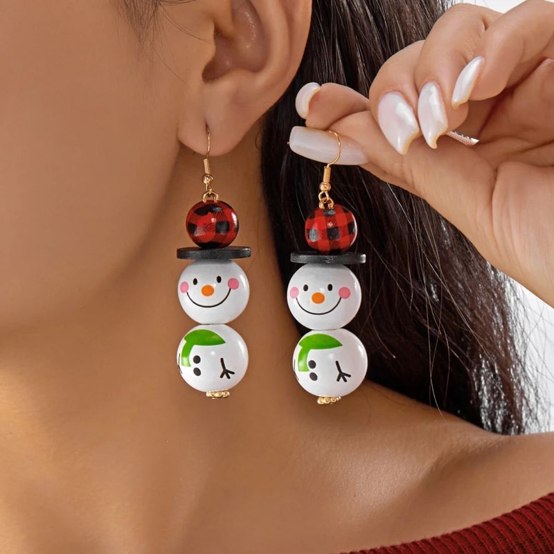 Handmade Wooden Santa Snowman Christmas Dangle Earrings 12