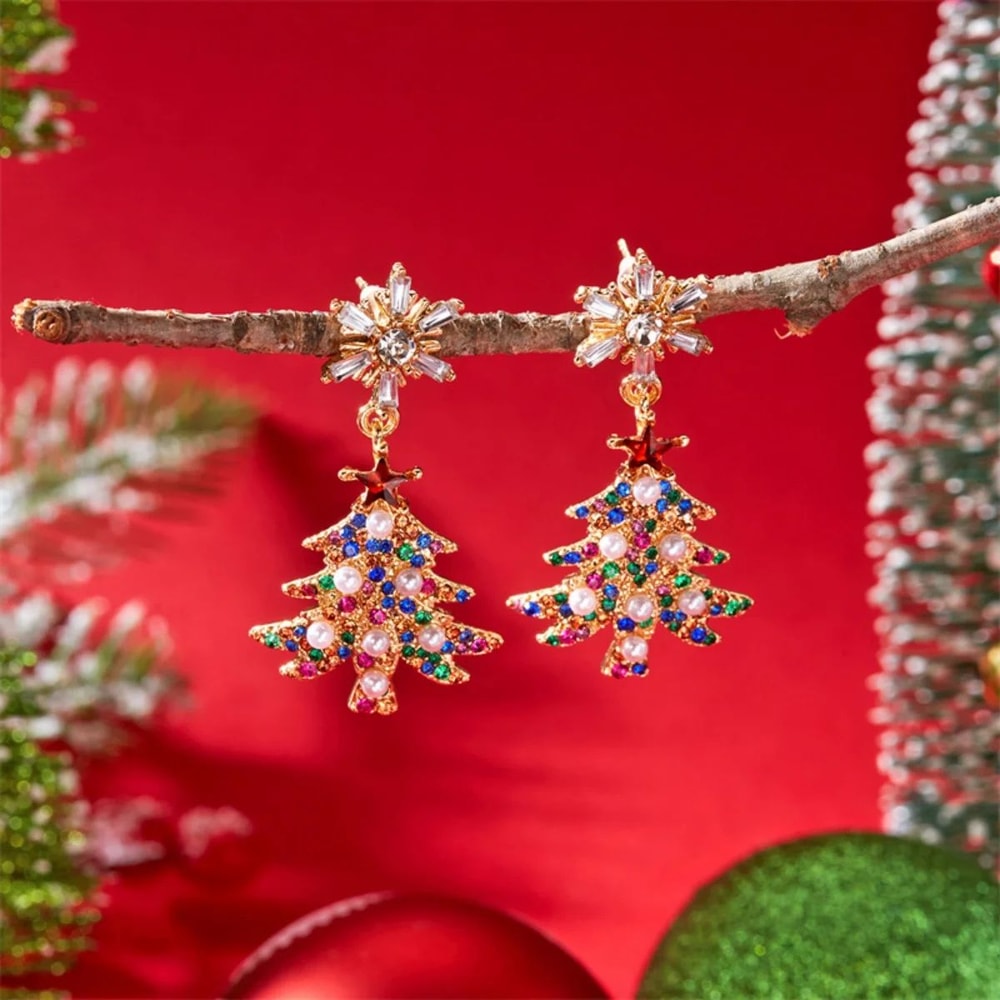 Rhinestone Pearl Christmas Snowflake Tree Drop Earrings 1