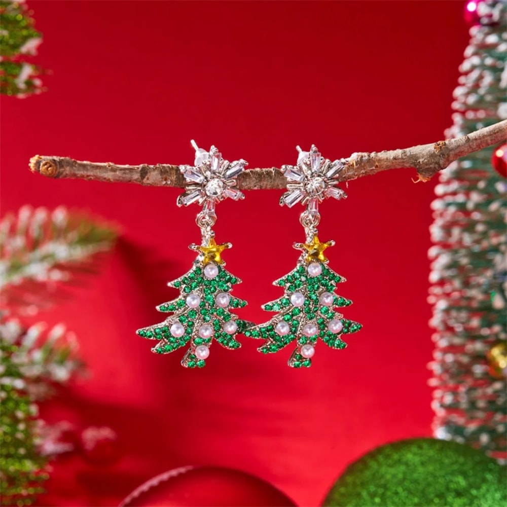 Rhinestone Pearl Christmas Snowflake Tree Drop Earrings 2