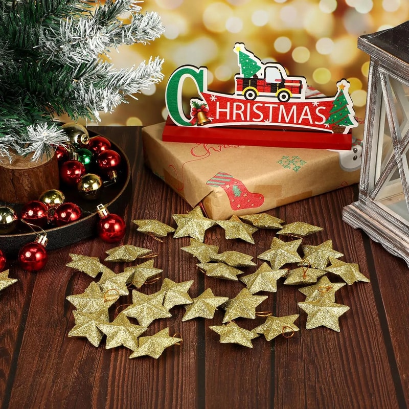 Mini Gold Glitter Star Christmas Ornaments Set 30pcs 2