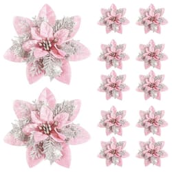 glitter pink poinsettia christmas tree flowers set 5pcs