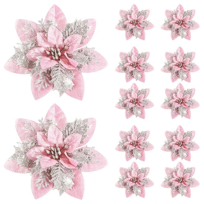 Glitter Pink Poinsettia Christmas Tree Flowers Set 5pcs 0