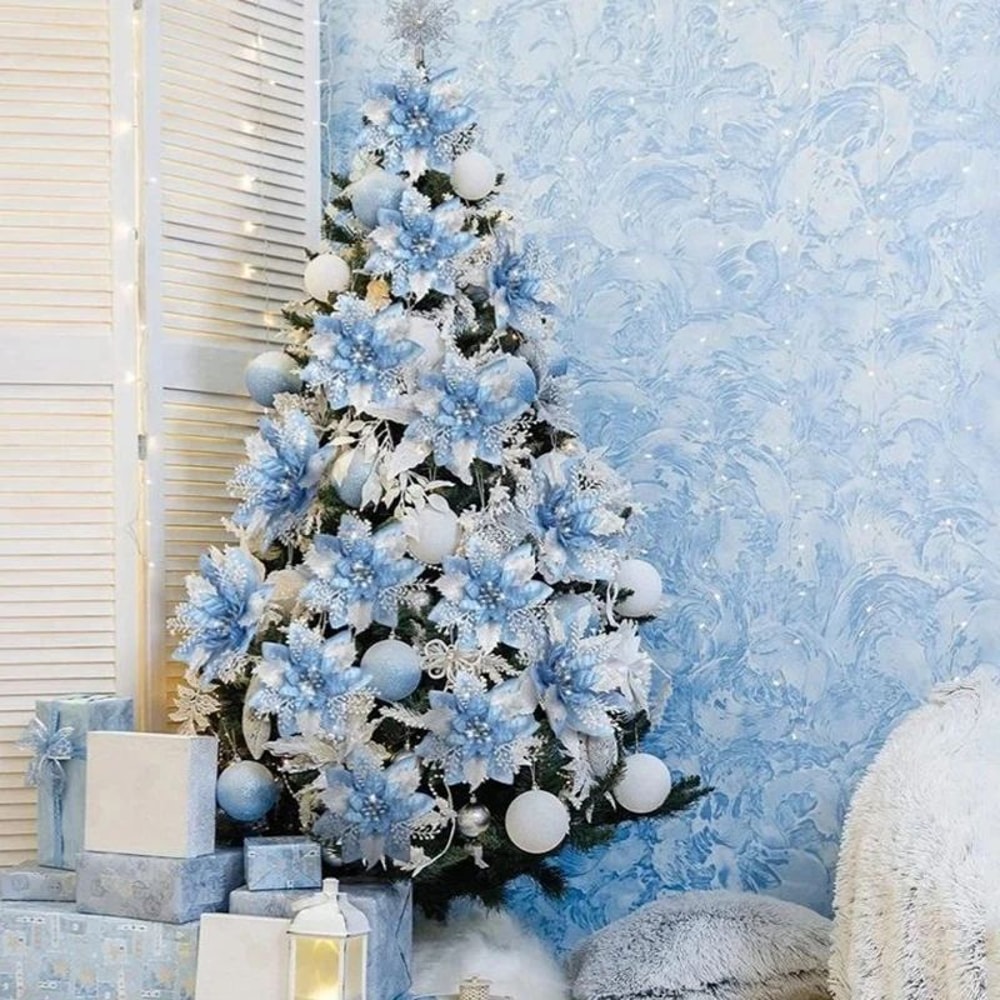 Glitter Pink Poinsettia Christmas Tree Flowers Set 5pcs 12