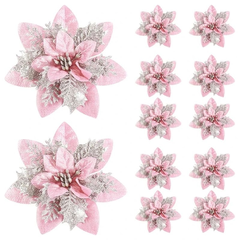 Glitter Pink Poinsettia Christmas Tree Flowers Set 5pcs 13