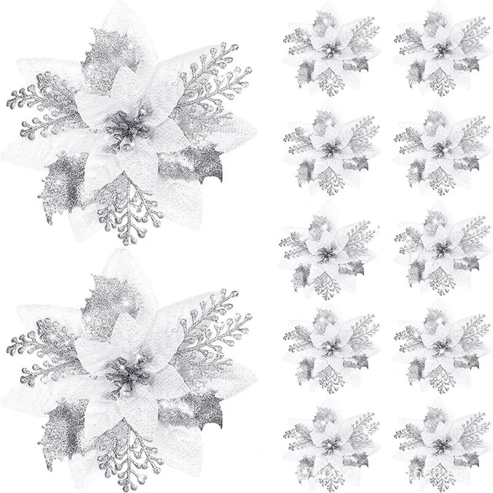 Glitter Pink Poinsettia Christmas Tree Flowers Set 5pcs 16