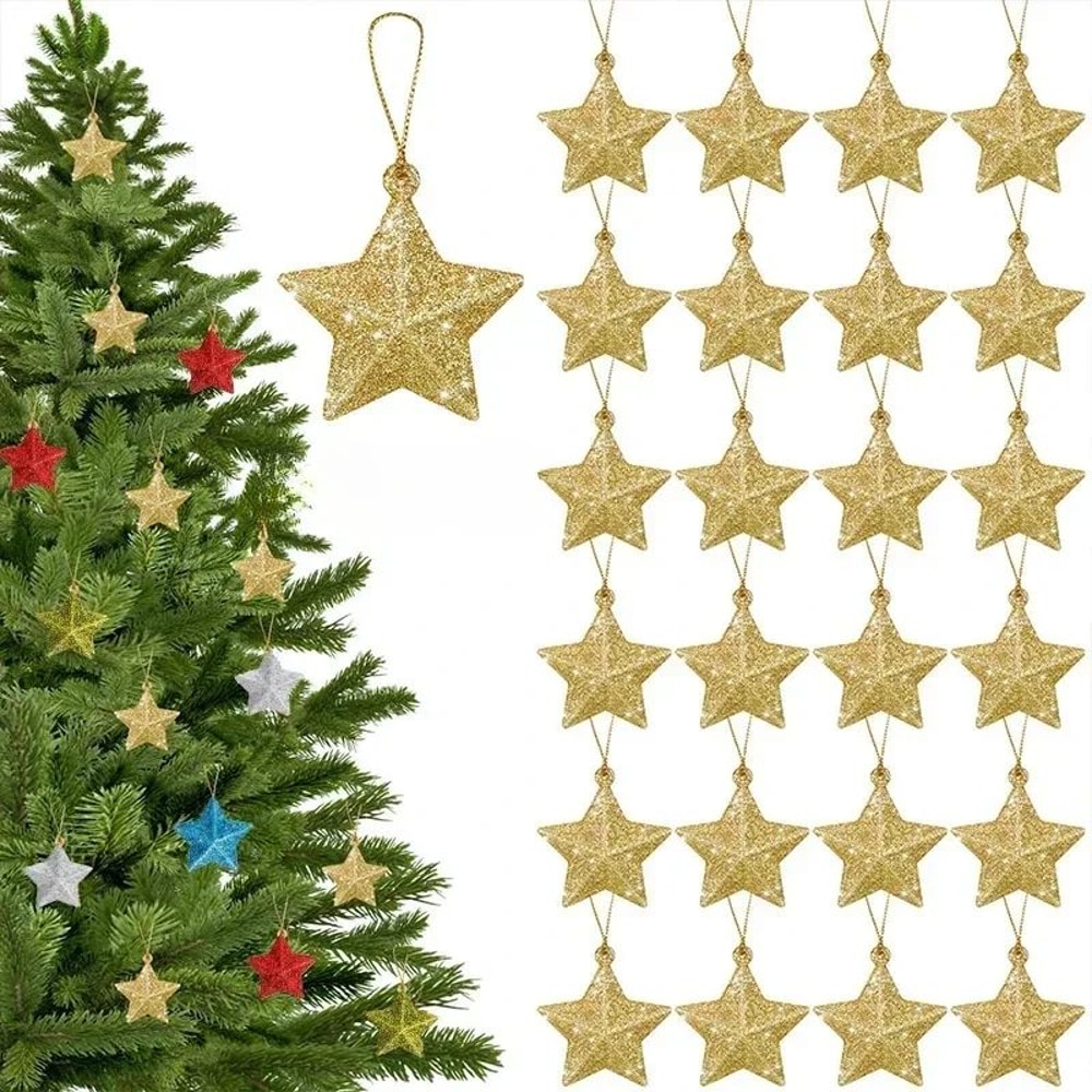 Gold Glitter Star Christmas Tree Ornaments Set 6pcs 1