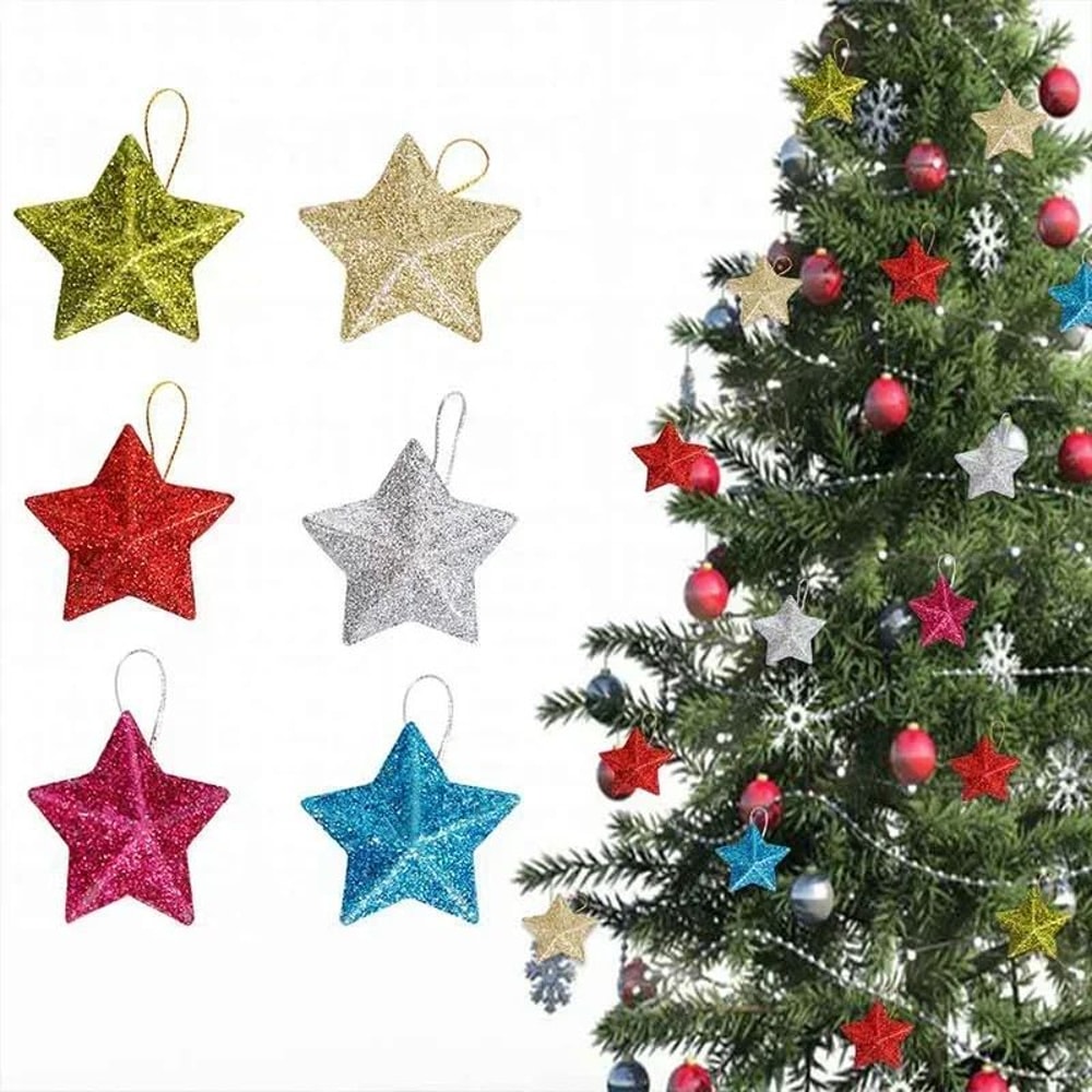 Gold Glitter Star Christmas Tree Ornaments Set 6pcs 5