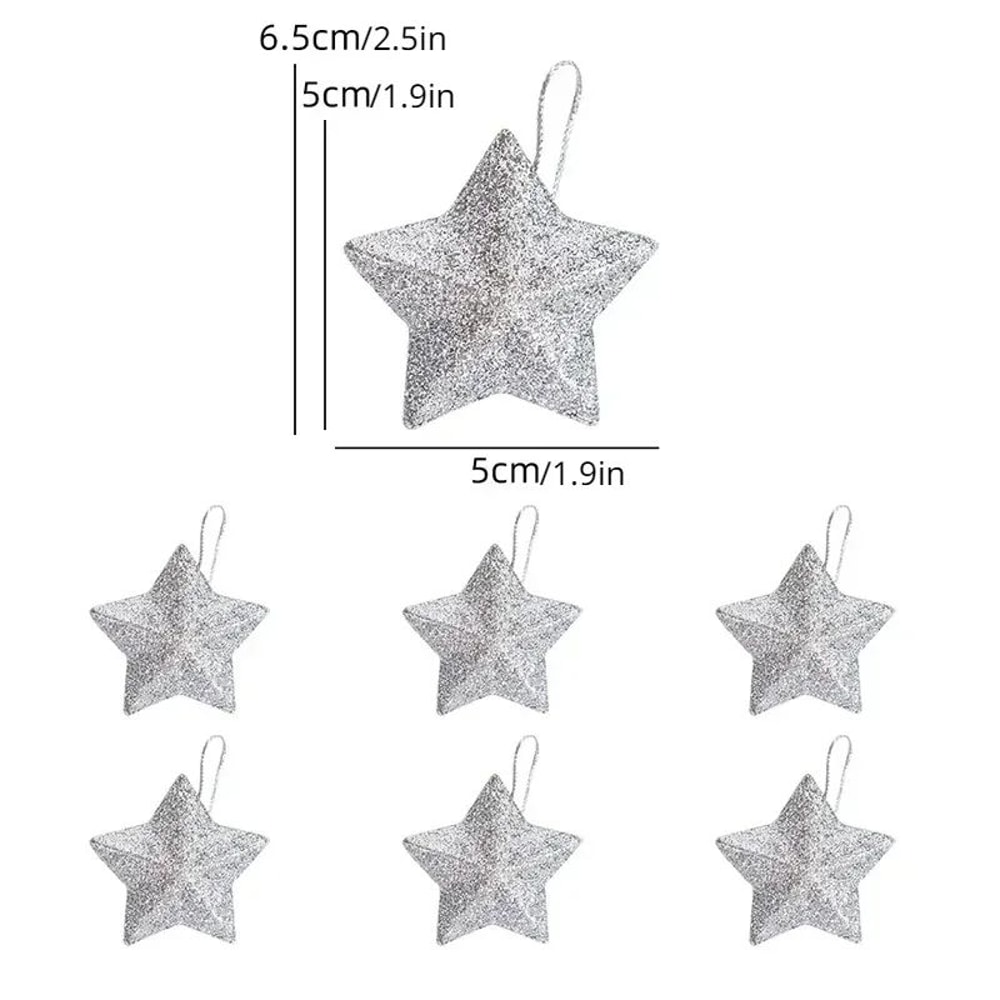 Gold Glitter Star Christmas Tree Ornaments Set 6pcs 8