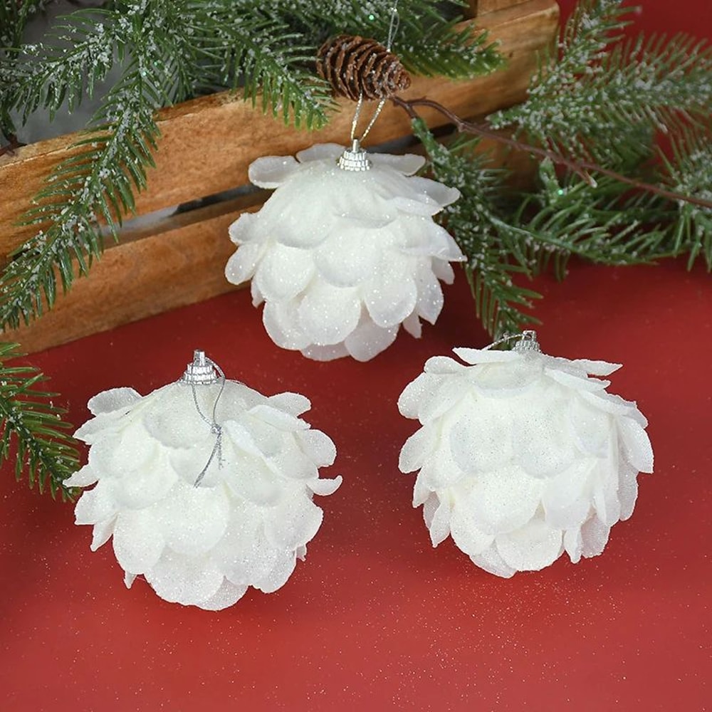 White Glitter Petal Christmas Ball Ornament Set 3pcs 2