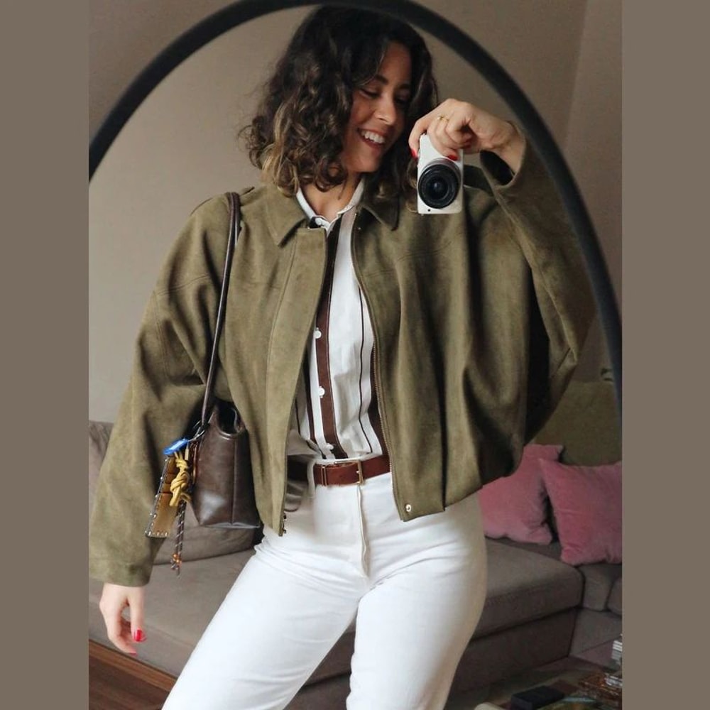 HXAO Cropped Suede Bomber Jacket Women Lapel Zipper Racing Coat 3