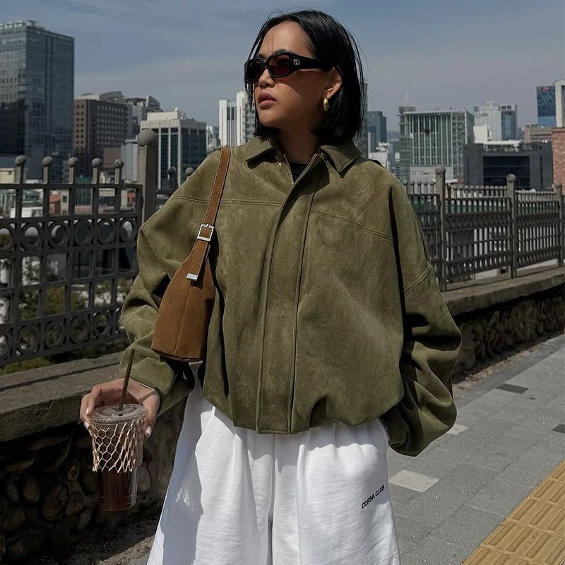 HXAO Cropped Suede Bomber Jacket Women Lapel Zipper Racing Coat 4