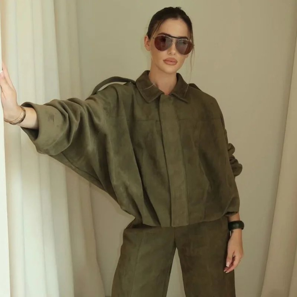 HXAO Cropped Suede Bomber Jacket Women Lapel Zipper Racing Coat 5