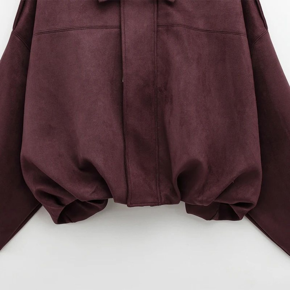 HXAO Cropped Suede Bomber Jacket Women Lapel Zipper Racing Coat 15