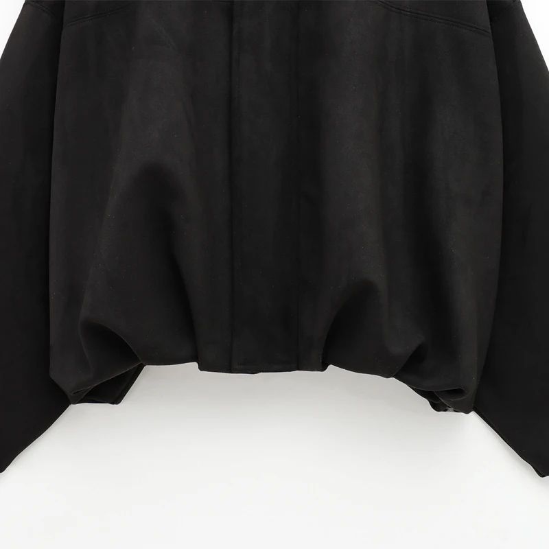 HXAO Cropped Suede Bomber Jacket Women Lapel Zipper Racing Coat 17