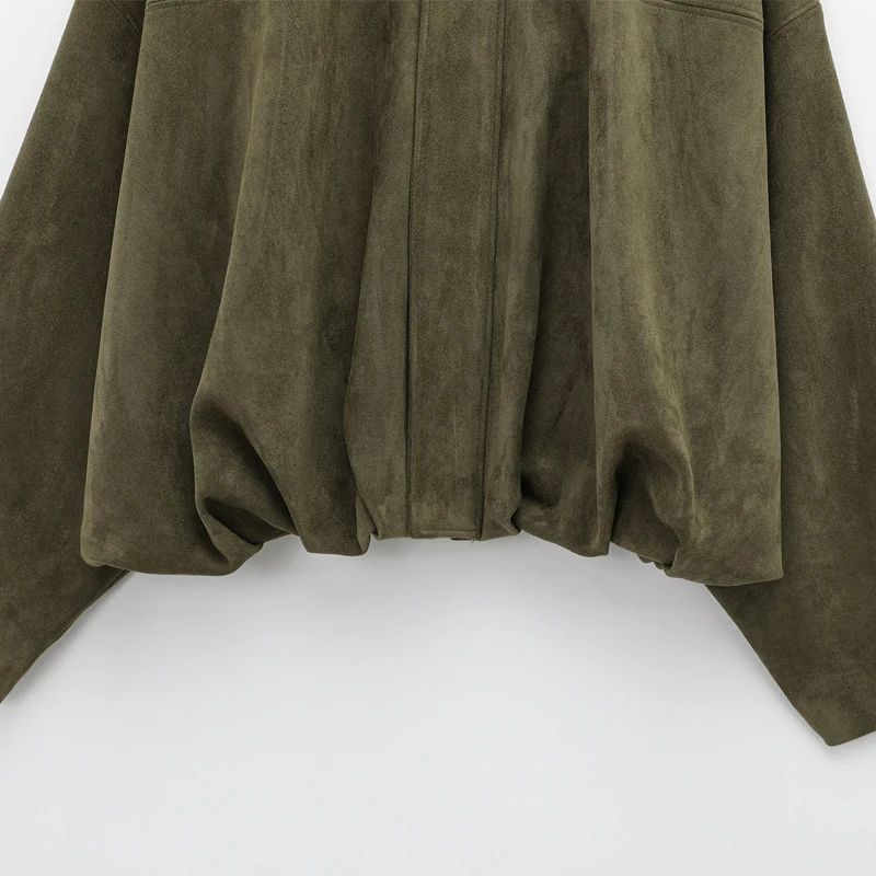 HXAO Cropped Suede Bomber Jacket Women Lapel Zipper Racing Coat 9