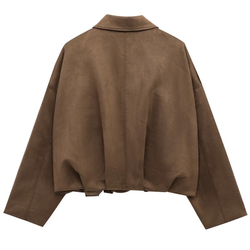 HXAO Cropped Suede Bomber Jacket Women Lapel Zipper Racing Coat 10
