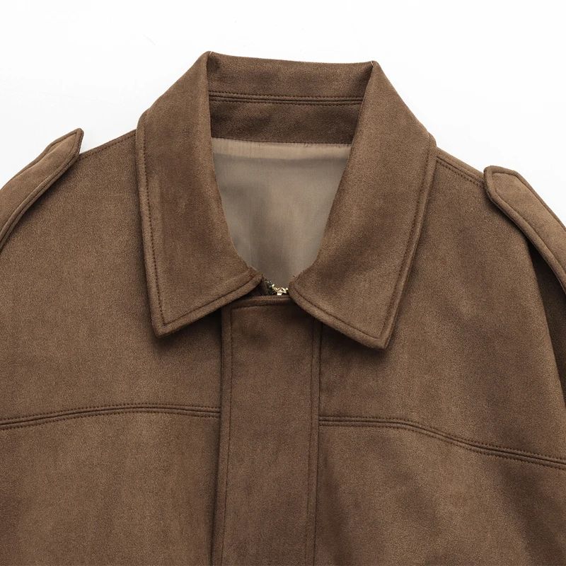 HXAO Cropped Suede Bomber Jacket Women Lapel Zipper Racing Coat 11