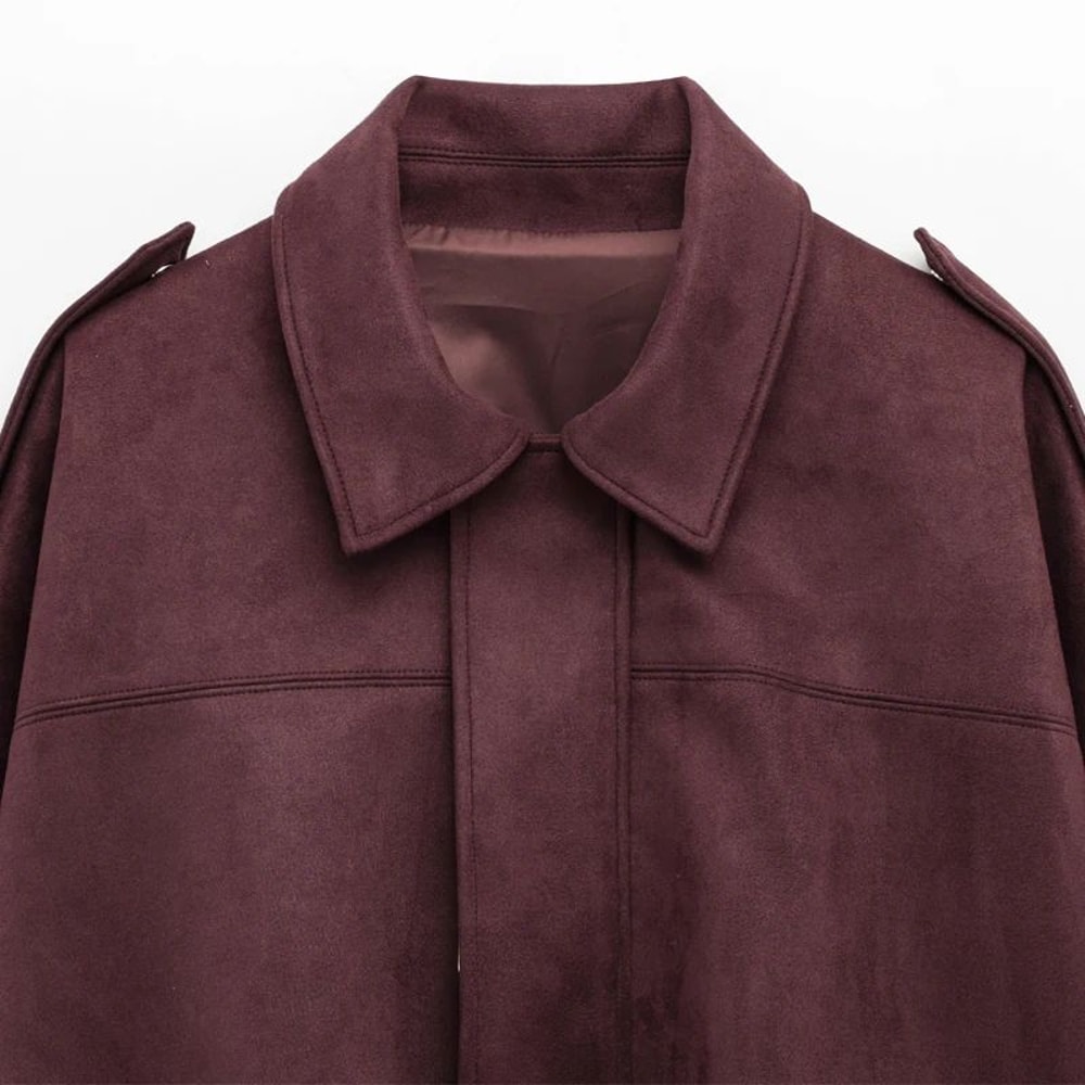 HXAO Cropped Suede Bomber Jacket Women Lapel Zipper Racing Coat 13