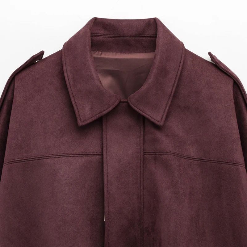 HXAO Cropped Suede Bomber Jacket Women Lapel Zipper Racing Coat 13