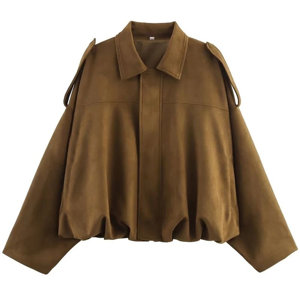 HXAO Cropped Suede Bomber Jacket Women Lapel Zipper Racing Coat 18
