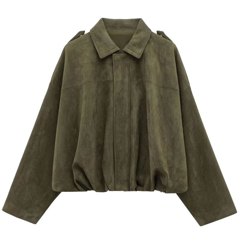 HXAO Cropped Suede Bomber Jacket Women Lapel Zipper Racing Coat 20