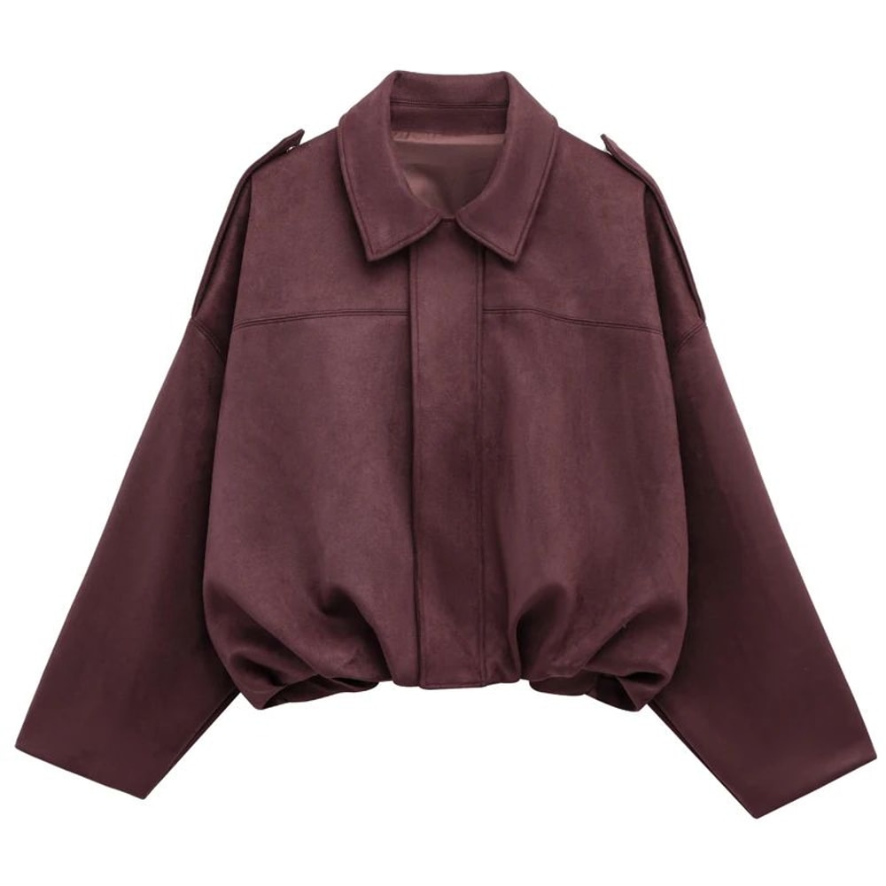 HXAO Cropped Suede Bomber Jacket Women Lapel Zipper Racing Coat 22