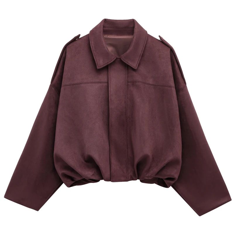 HXAO Cropped Suede Bomber Jacket Women Lapel Zipper Racing Coat 22