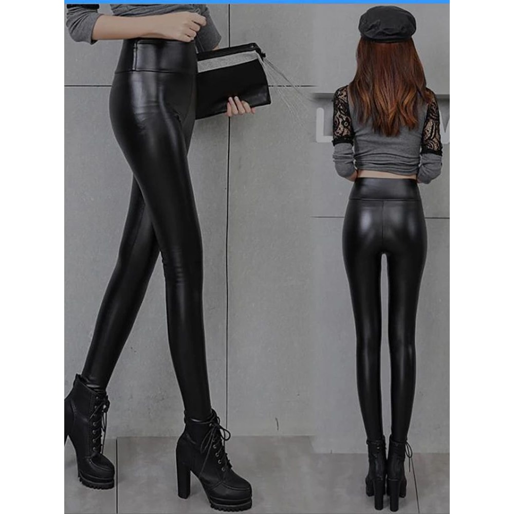 Womens High Waist Fleece Lined PU Leather Leggings 3