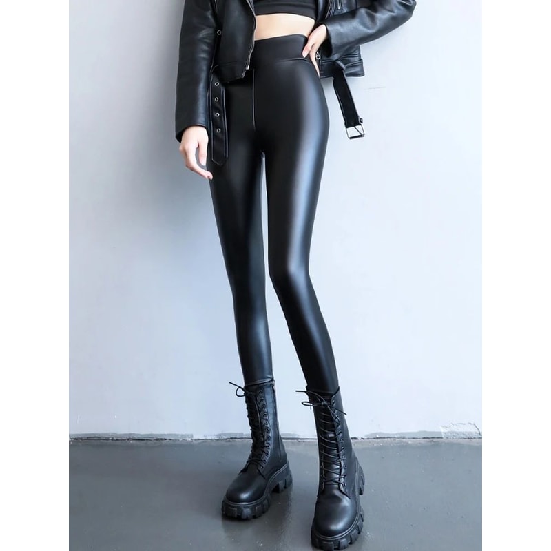 Womens High Waist Fleece Lined PU Leather Leggings 4