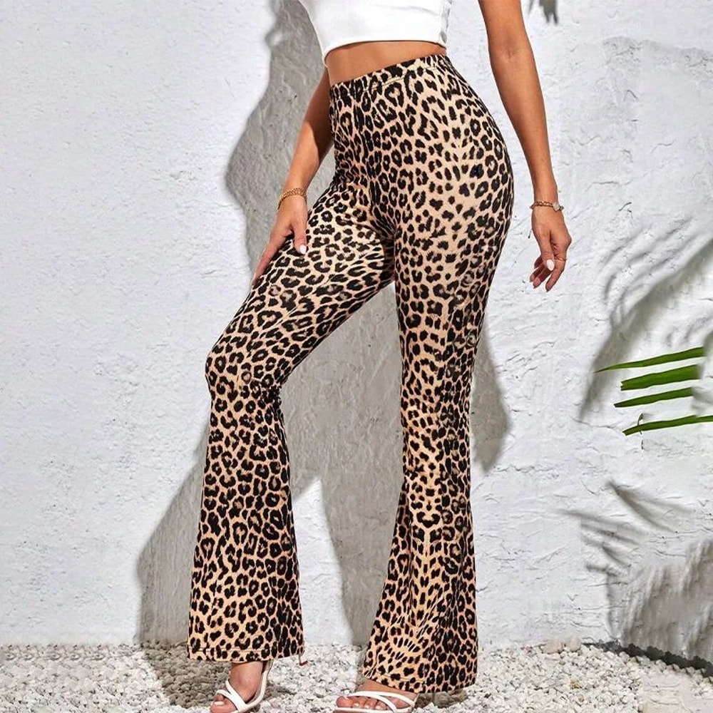 Womens High Waist Leopard Print Flared Yoga Leggings 0