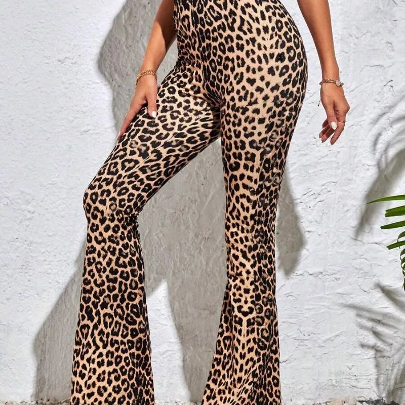 Womens High Waist Leopard Print Flared Yoga Leggings 2