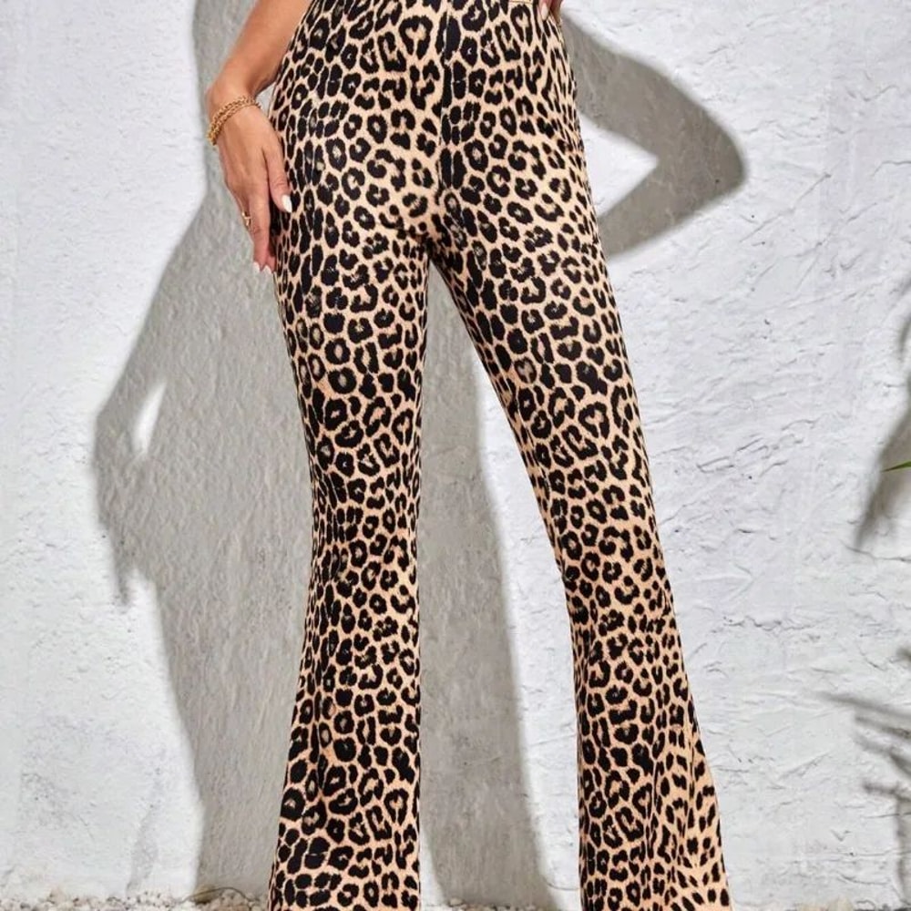 Womens High Waist Leopard Print Flared Yoga Leggings 3