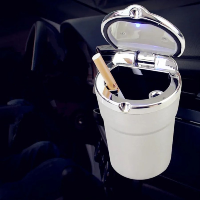 LED Car Ashtray With Lid Portable Cup Holder Trash Bin 0