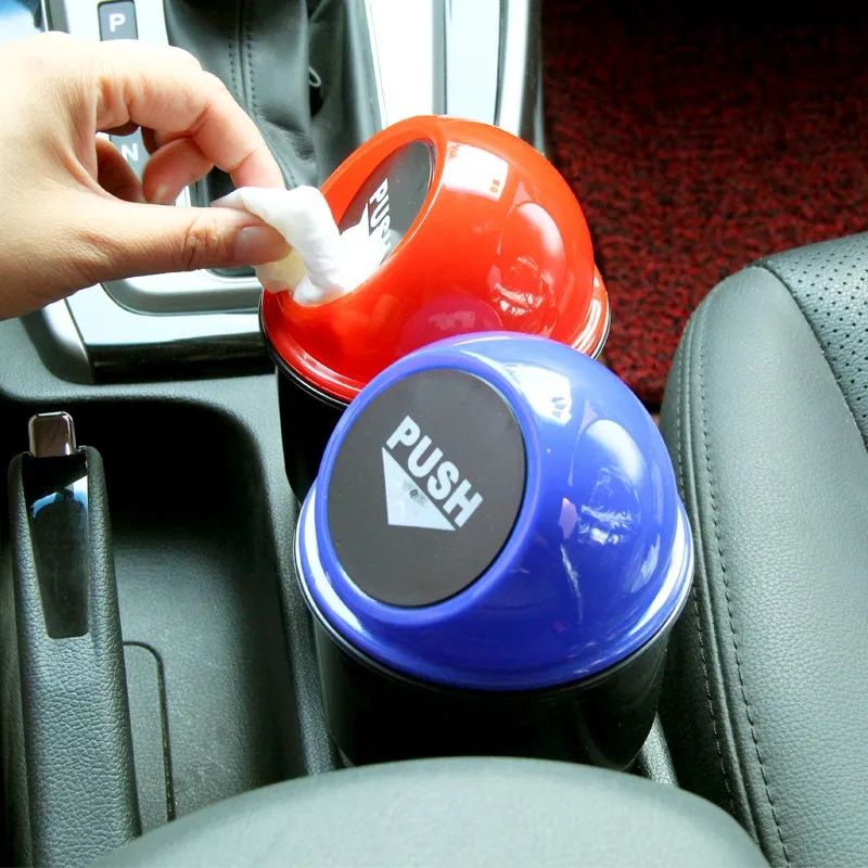 Round Car Trash Can With Lid Cup Holder Storage Bin 0