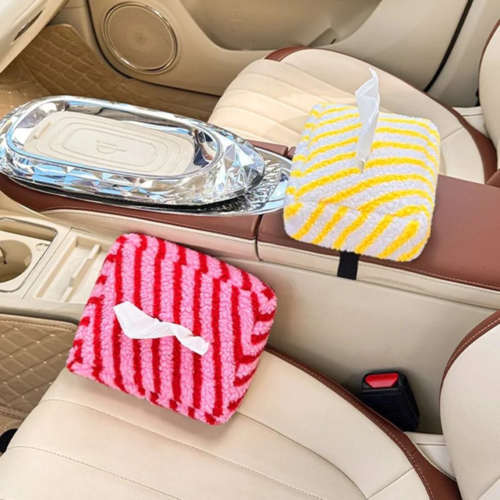 High End Striped Plush Hanging Car Tissue Box 0
