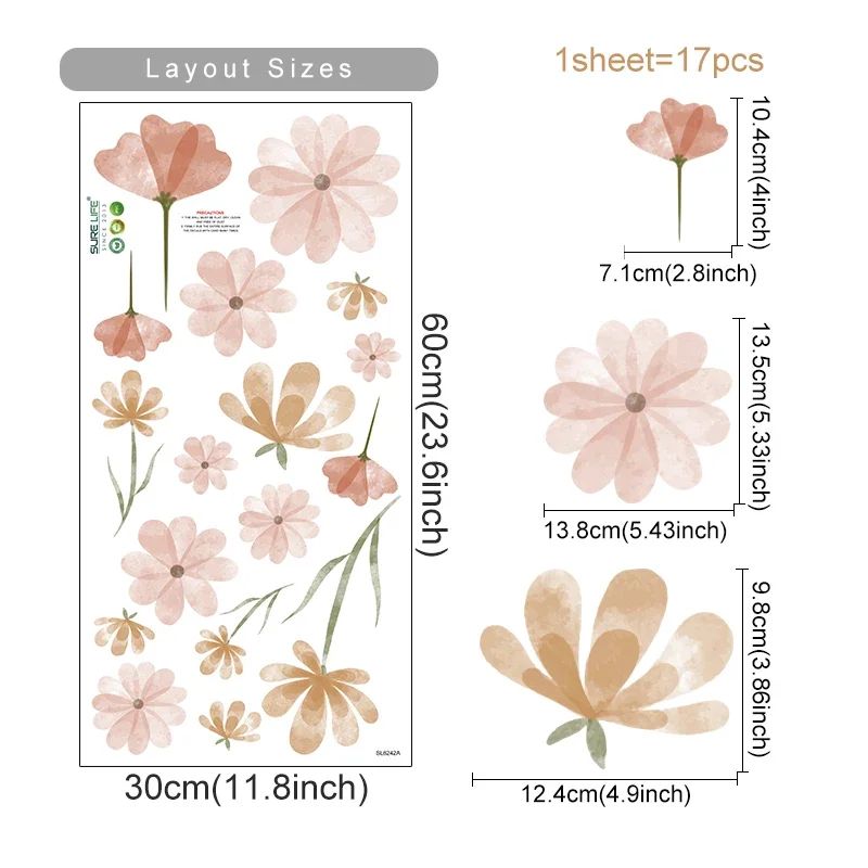 Boho Watercolor Flower Wall Stickers Removable PVC Decals 6