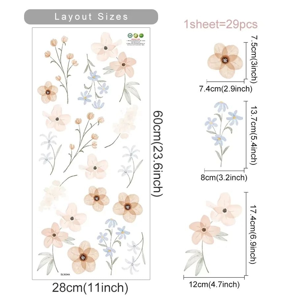 Boho Watercolor Flower Wall Stickers Removable PVC Decals 15
