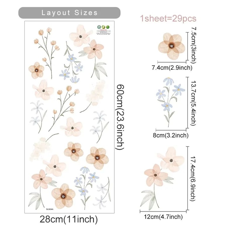 Boho Watercolor Flower Wall Stickers Removable PVC Decals 15