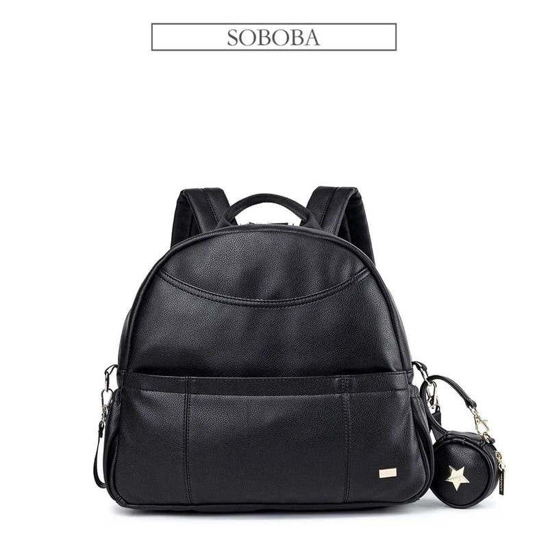 Modern Black PU Diaper Backpack Large Capacity Waterproof Baby Bag 5