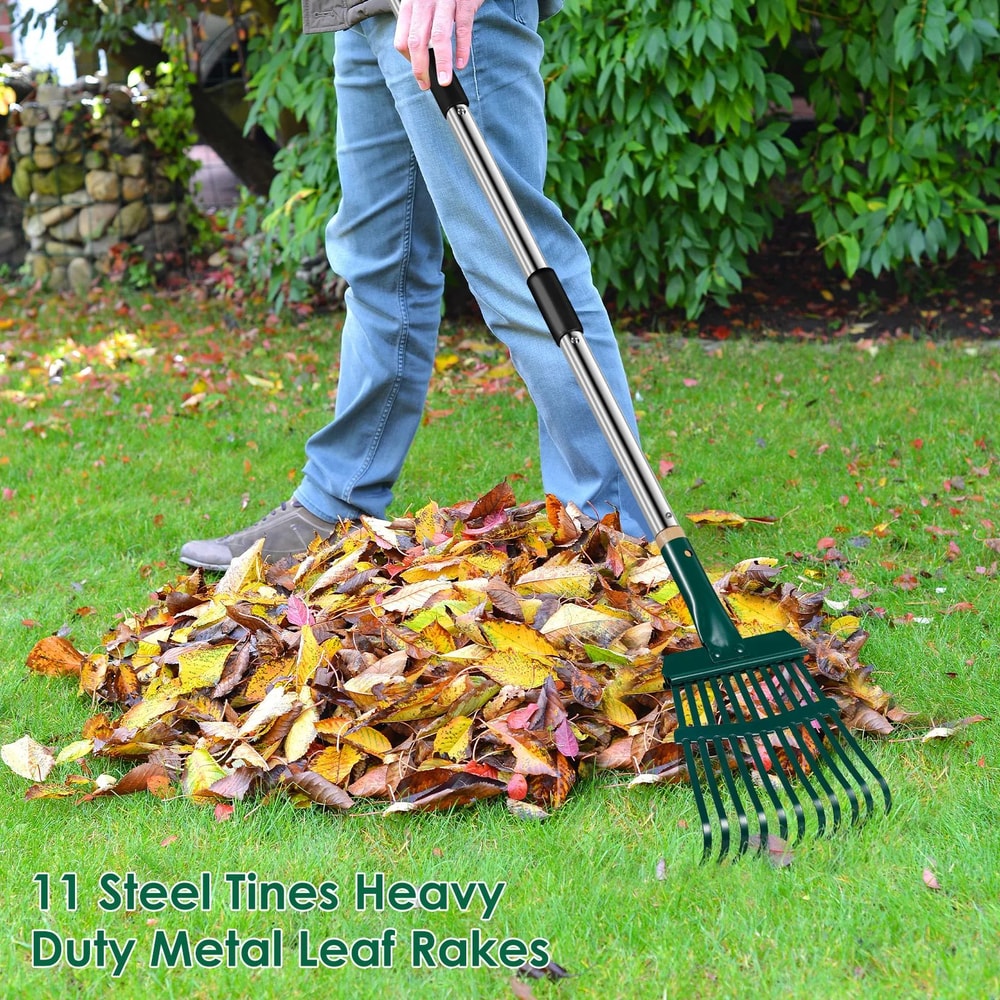 Adjustable Garden Leaf Rake 51 Inch Long Handle 11 Prong 1
