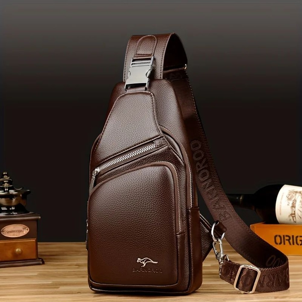 Mens Vintage PU Leather Sling Bag Large Capacity Crossbody Chest Bag 0