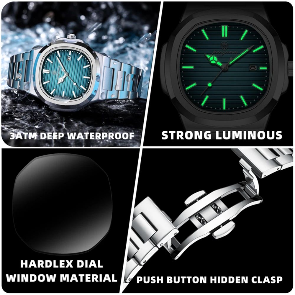 Mens Square Quartz Watch Waterproof Luminous Date Wristwatch 3