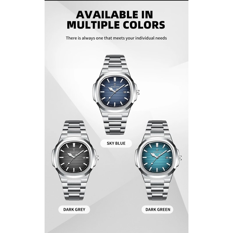 Mens Square Quartz Watch Waterproof Luminous Date Wristwatch 9