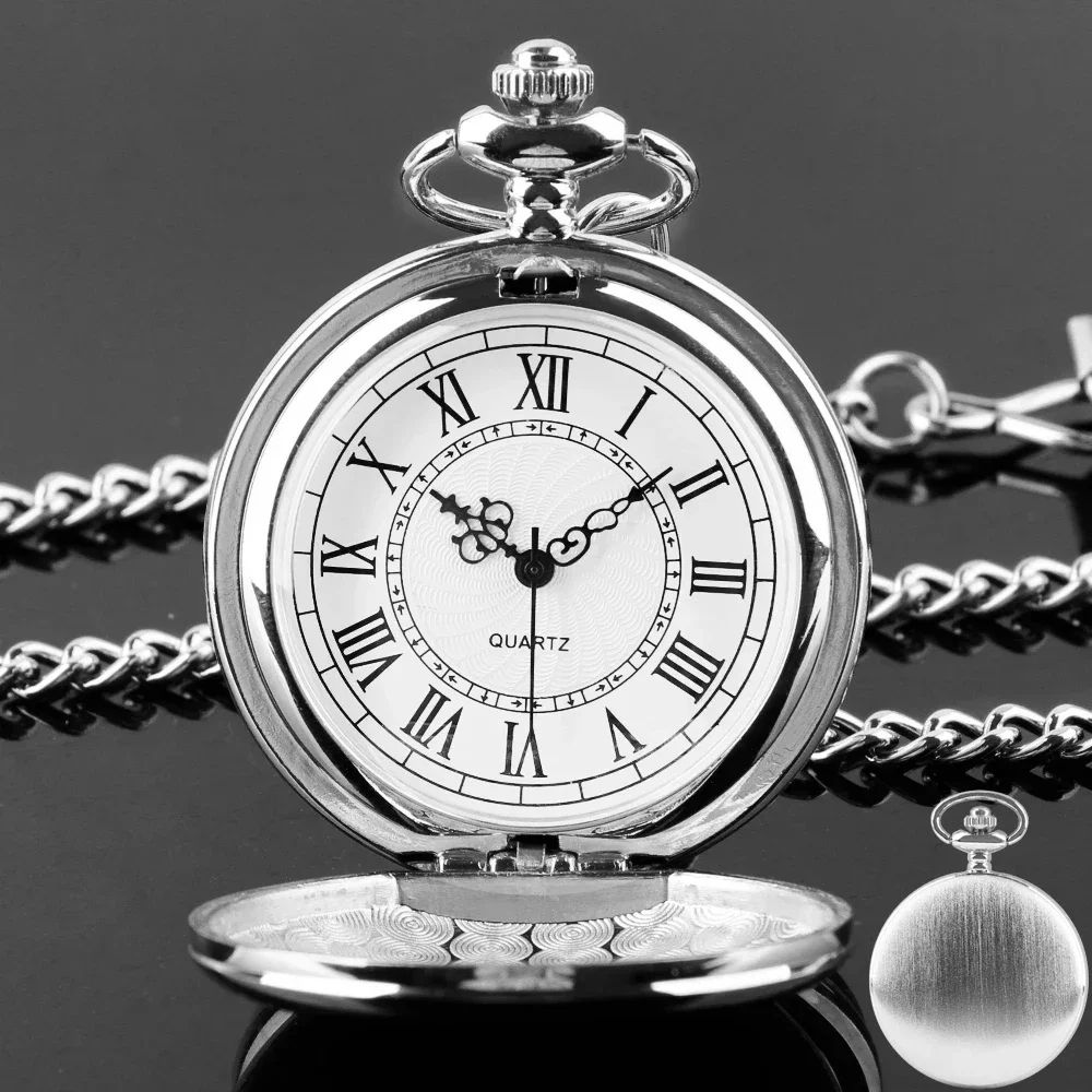 Luxury Silver Pocket Watch With Chain Roman Numerals 0