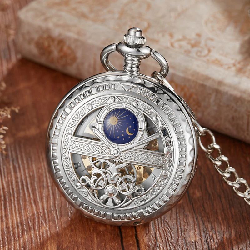 Mechanical Pocket Watch Star And Moon Phase Skeleton Design 2