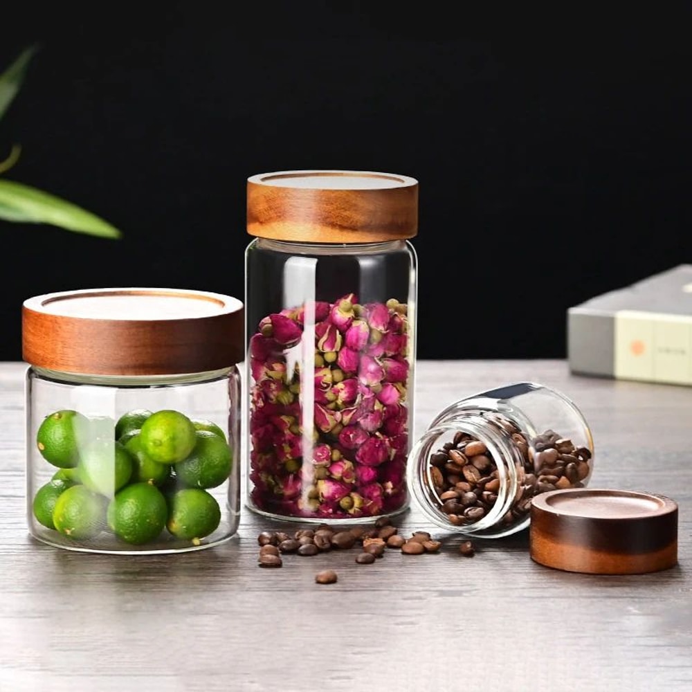 Airtight Glass Storage Jar With Wooden Lid Coffee Bean Container 2