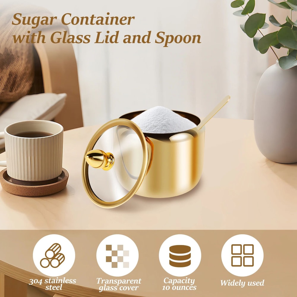 Stainless Steel Sugar Jar With Glass Lid And Spoon 1