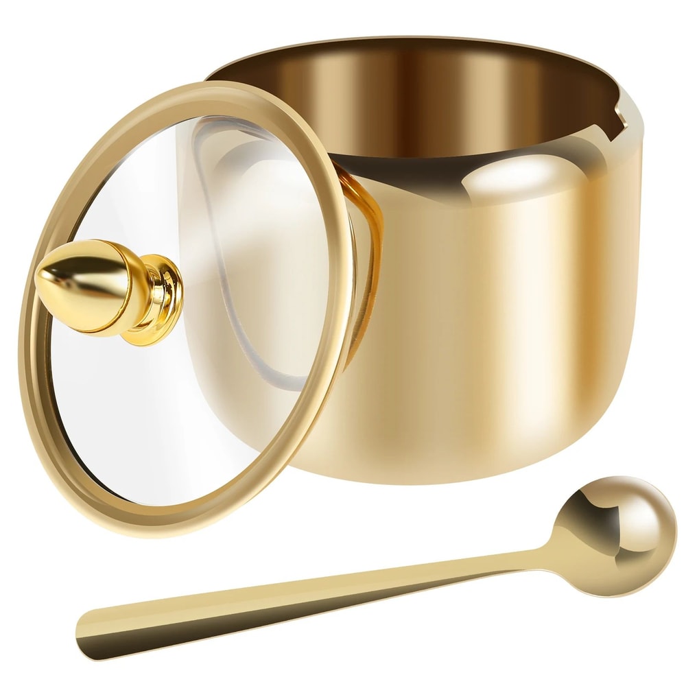Stainless Steel Sugar Jar With Glass Lid And Spoon 8